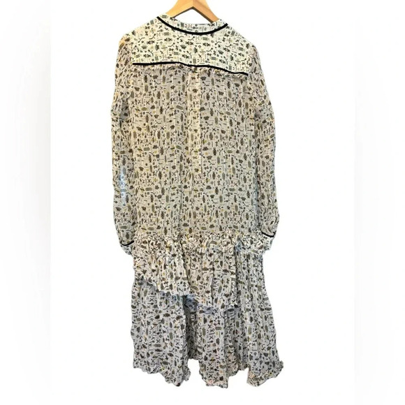 Proenza Schouler Chiffon Printed Dress Black Velvet Piping Midi Long Sleeve L - Picture 2 of 6